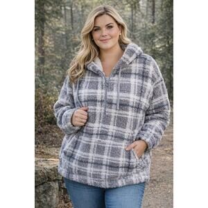 Koolaburra by UGG Women’s 1X Gray Plaid Sherpa Hoodie Pullover Cozy Fleece